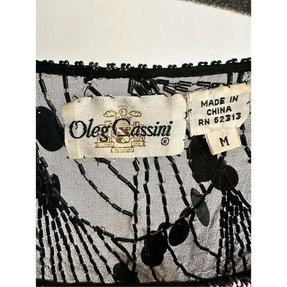 100% Silk Oleg Cassini Black Paillette Sequins Top Blouse Vintage Medium - Picture 4 of 7